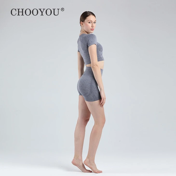 Women's Seamless Yoga Short Sleeve Top And Short Set