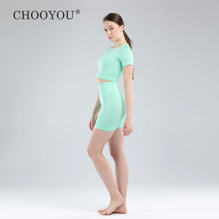Women's Seamless Yoga Short Sleeve Top And Short Set